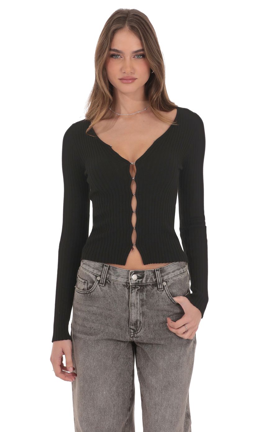 Product image for Ribbed Hook and Eye Cardigan in Black