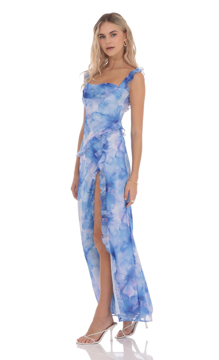Picture Floral Ruffle Cowl Neck Maxi Dress in Blue. Source: https://media-img.lucyinthesky.com/data/product-media/850xAUTO/c5511a86-280d-4090-818f-1bd6a998e57e.jpg