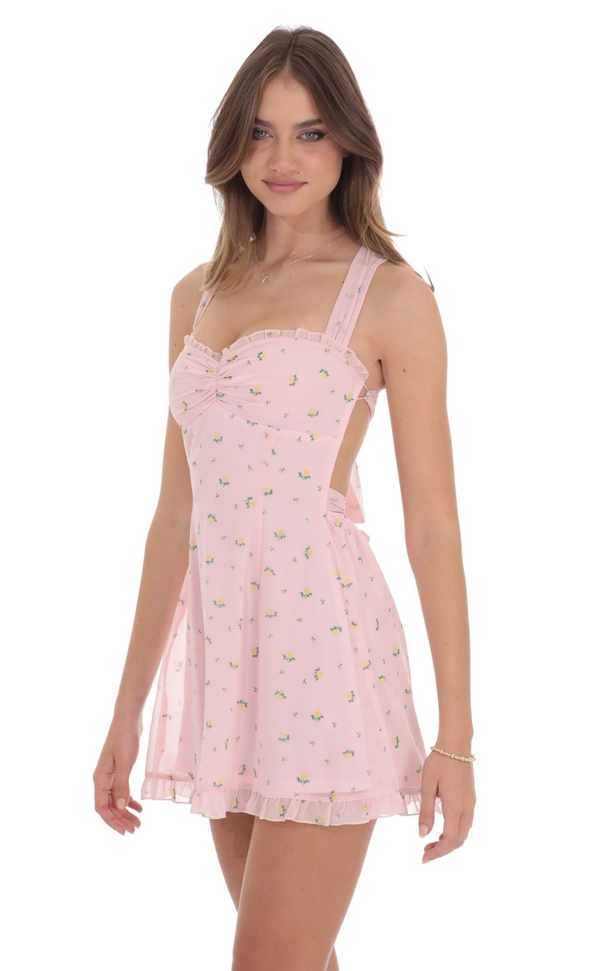 Picture Floral Strappy Back Bows Dress in Pink. Source: https://media-img.lucyinthesky.com/data/product-media/850xAUTO/c5dee50c-11a8-4bee-8bf3-49c825b029e9.jpg