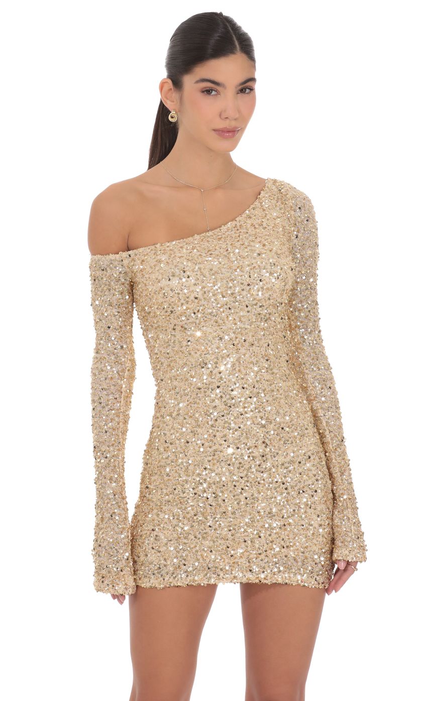 Product image for Sequin One Shoulder Bodycon Dress in Gold