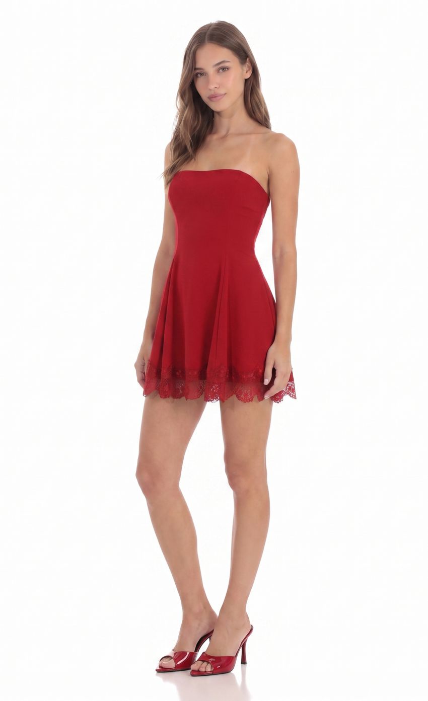 Product image for Strapless Dress with Lace-trim Hem in Red