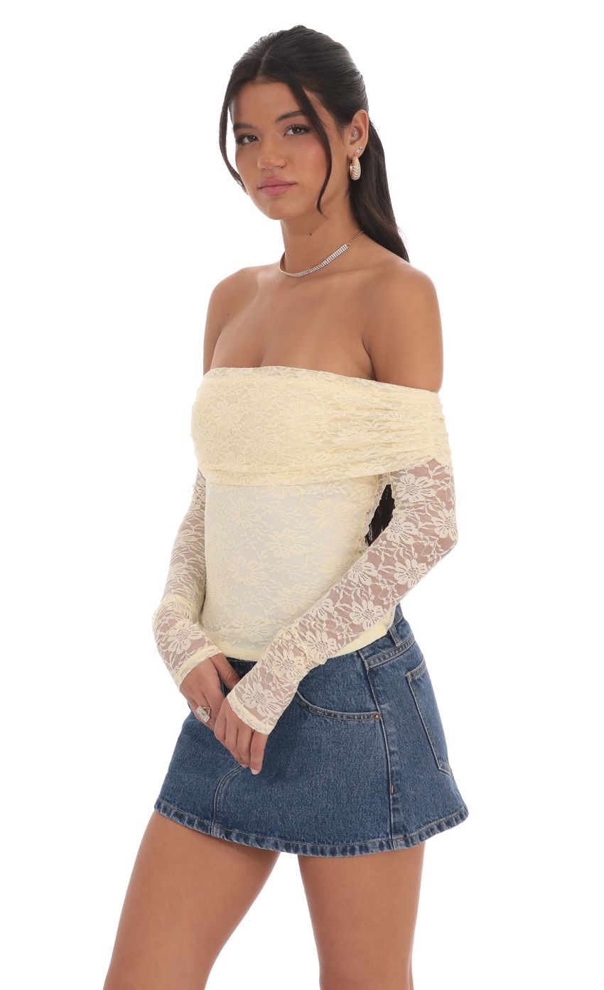 Picture Lace Off Shoulder Top in Yellow. Source: https://media-img.lucyinthesky.com/data/product-media/850xAUTO/c6cae656-ae2d-416c-a49a-7a9fdc6fe0ea.jpg