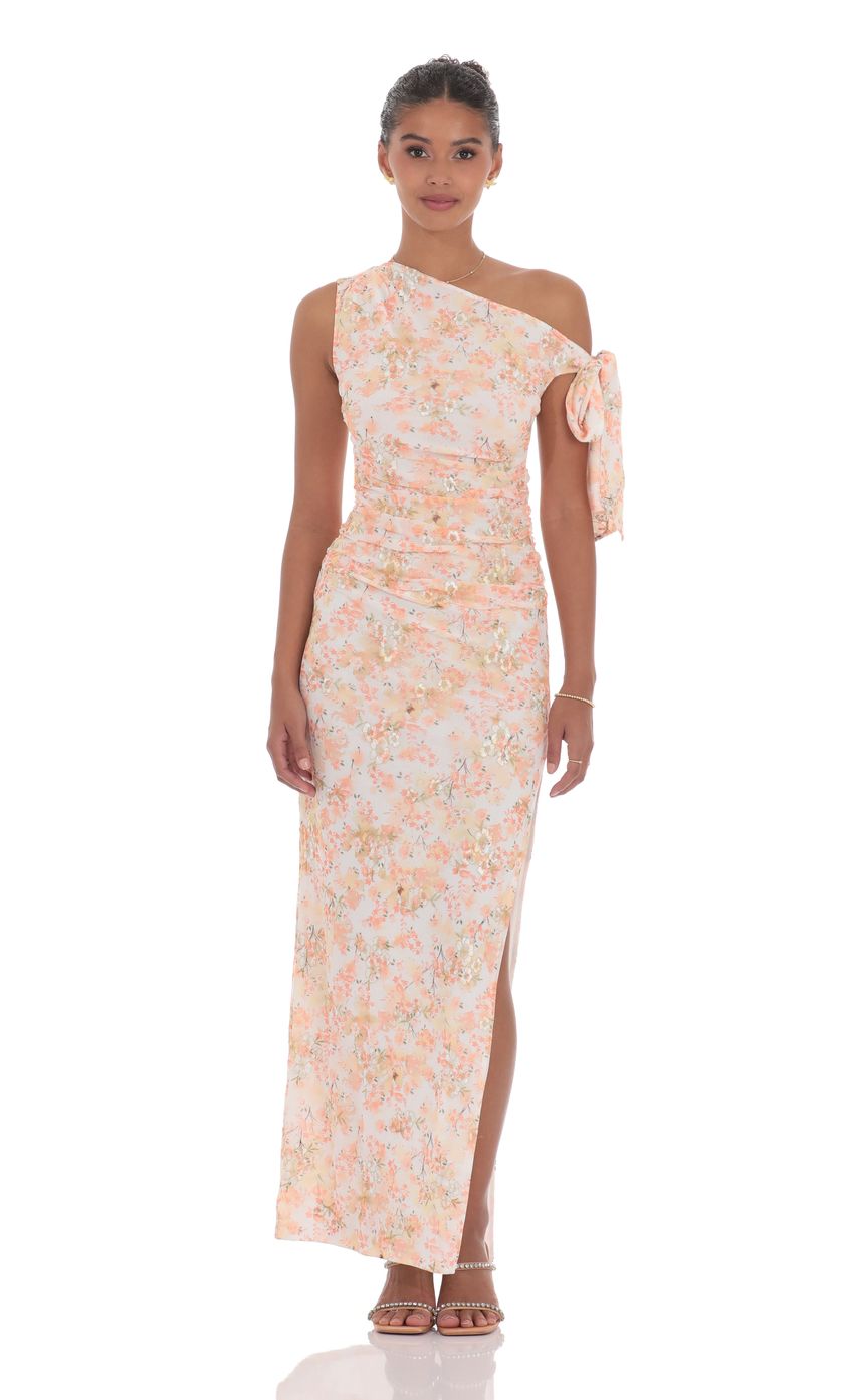 Picture Floral Shimmer Off Shoulder Maxi Dress in Peach. Source: https://media-img.lucyinthesky.com/data/product-media/850xAUTO/c701ff9f-f77e-4ee1-a288-ac2df873fdfd.jpg