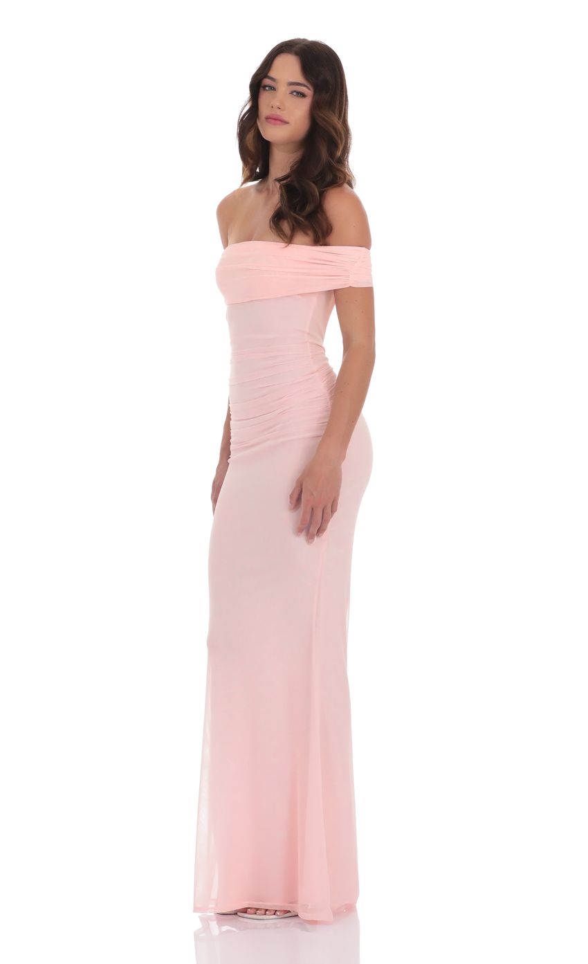 Picture Mesh Shell Off Shoulder Maxi Dress in Pink. Source: https://media-img.lucyinthesky.com/data/product-media/850xAUTO/c7340c5e-4fff-41ba-b174-b28326a7b7d7.jpg