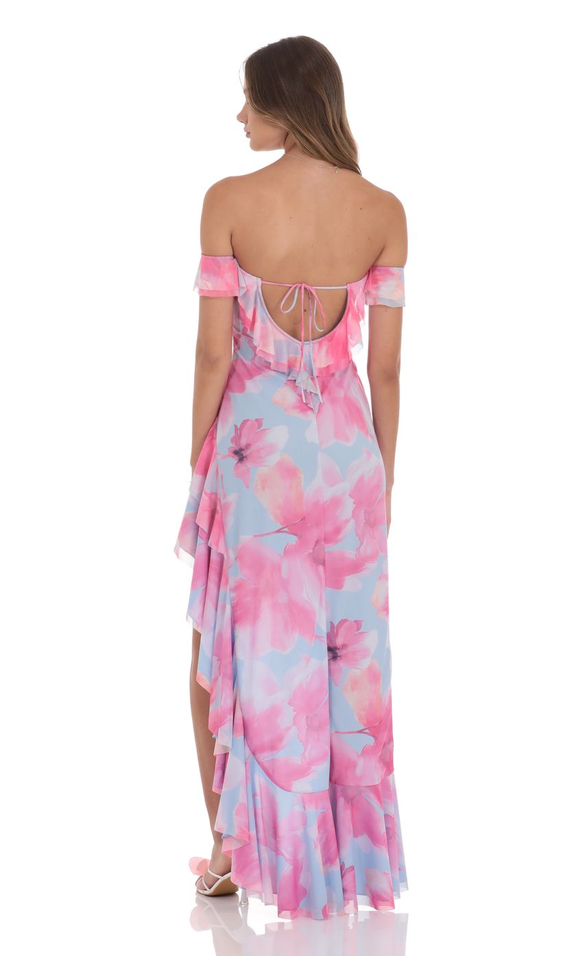 Picture Off Shoulder Floral Maxi Dress in Pink and Blue. Source: https://media-img.lucyinthesky.com/data/product-media/850xAUTO/c739c72a-b9bf-4b44-8dfd-2abb59b34e76.jpg