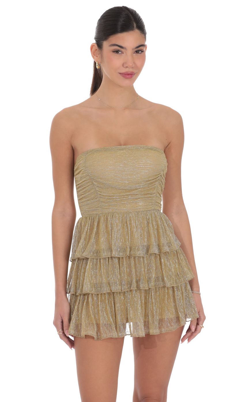 Product image for Shimmer Pleated Ruffle Dress in Gold