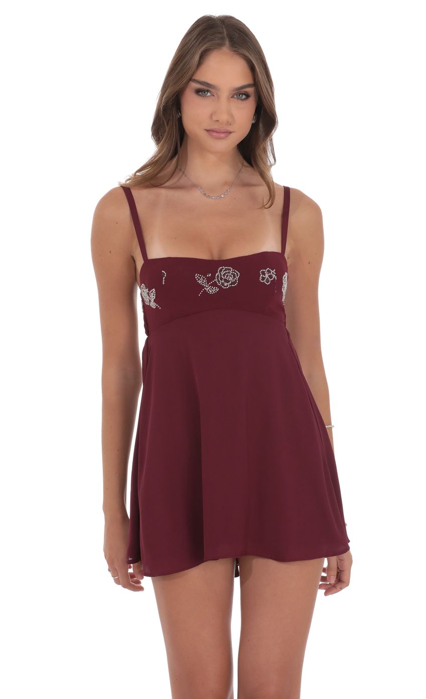 Product image for Beaded Floral Babydoll Dress in Burgundy