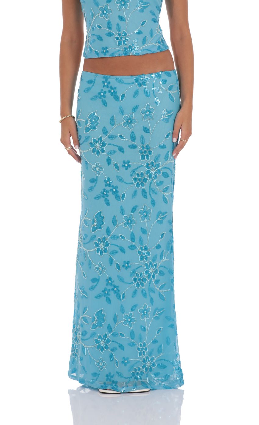 Product image for Sequin Beaded Floral Maxi Skirt in Aqua Blue