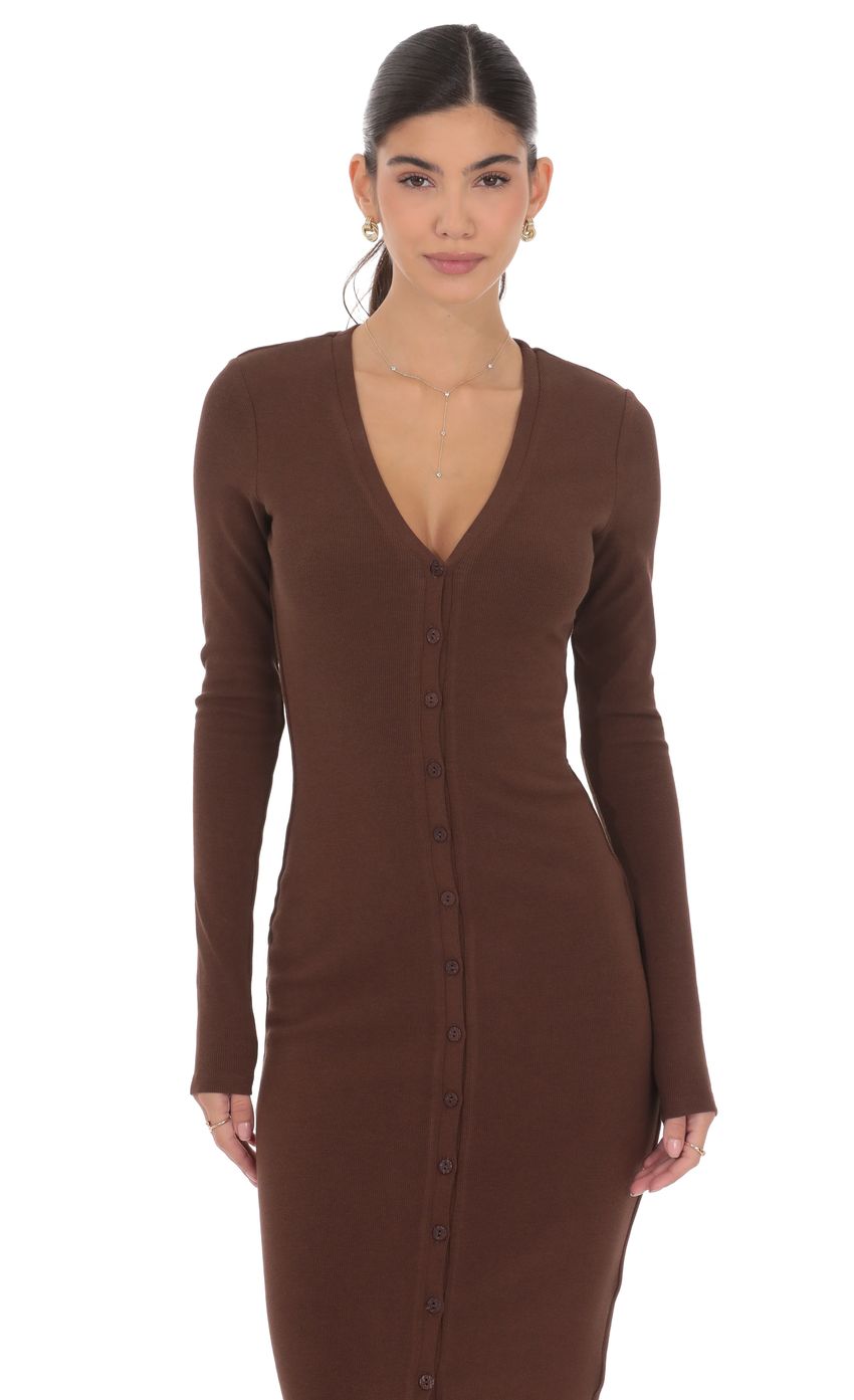 Product image for Button Down Ribbed Maxi Dress in Brown