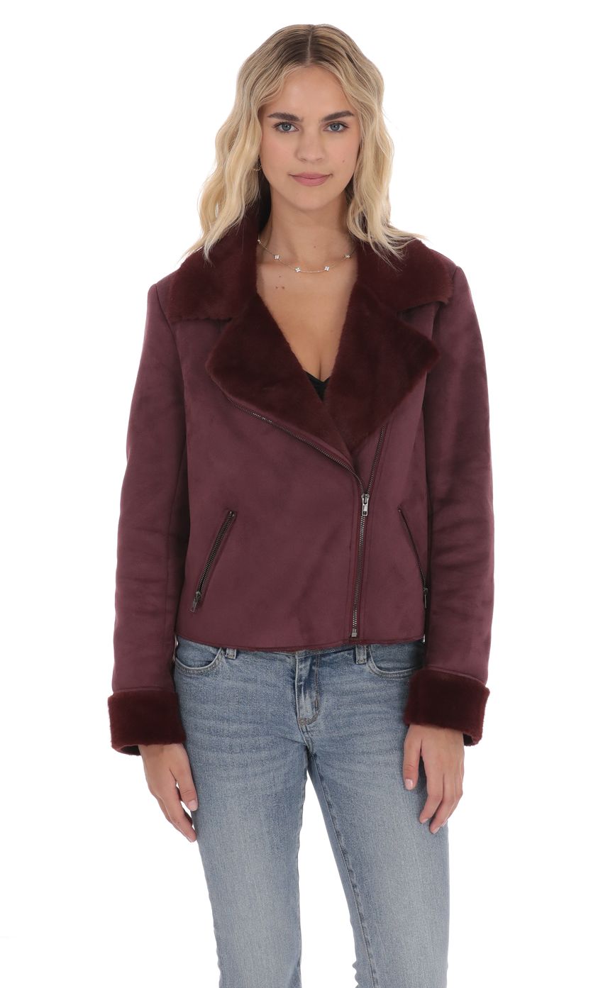 Product image for Fur Collar Suede Jacket in Purple