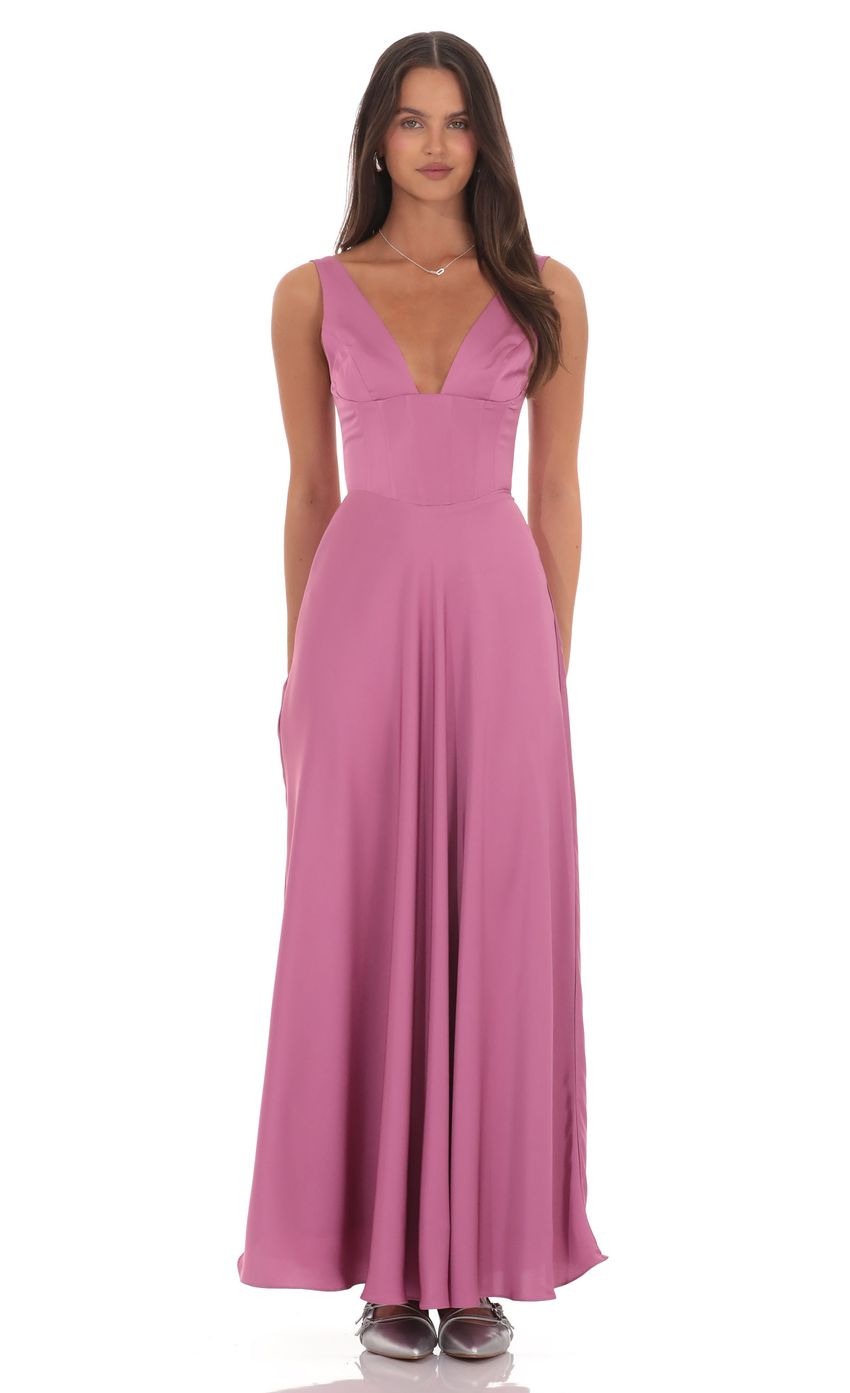 Product image for Satin Plunge Neck Corset Maxi Dress in Mauve