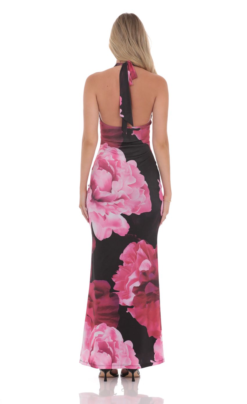 Picture Pink Floral Halter Maxi Dress in Black. Source: https://media-img.lucyinthesky.com/data/product-media/850xAUTO/ca355d32-b32e-47a5-9bbf-95789b6698bf.jpg