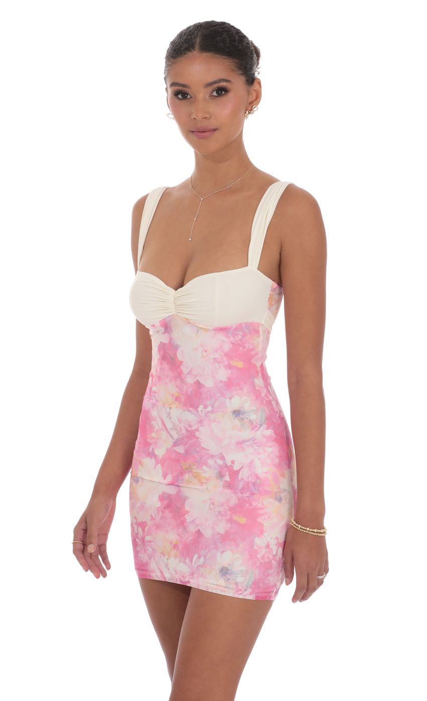 Picture Two-Tone Floral Mesh Bodycon Dress in Pink. Source: https://media-img.lucyinthesky.com/data/product-media/850xAUTO/cab5fefe-89c0-4c3f-bc9f-9bef664a955d.jpg