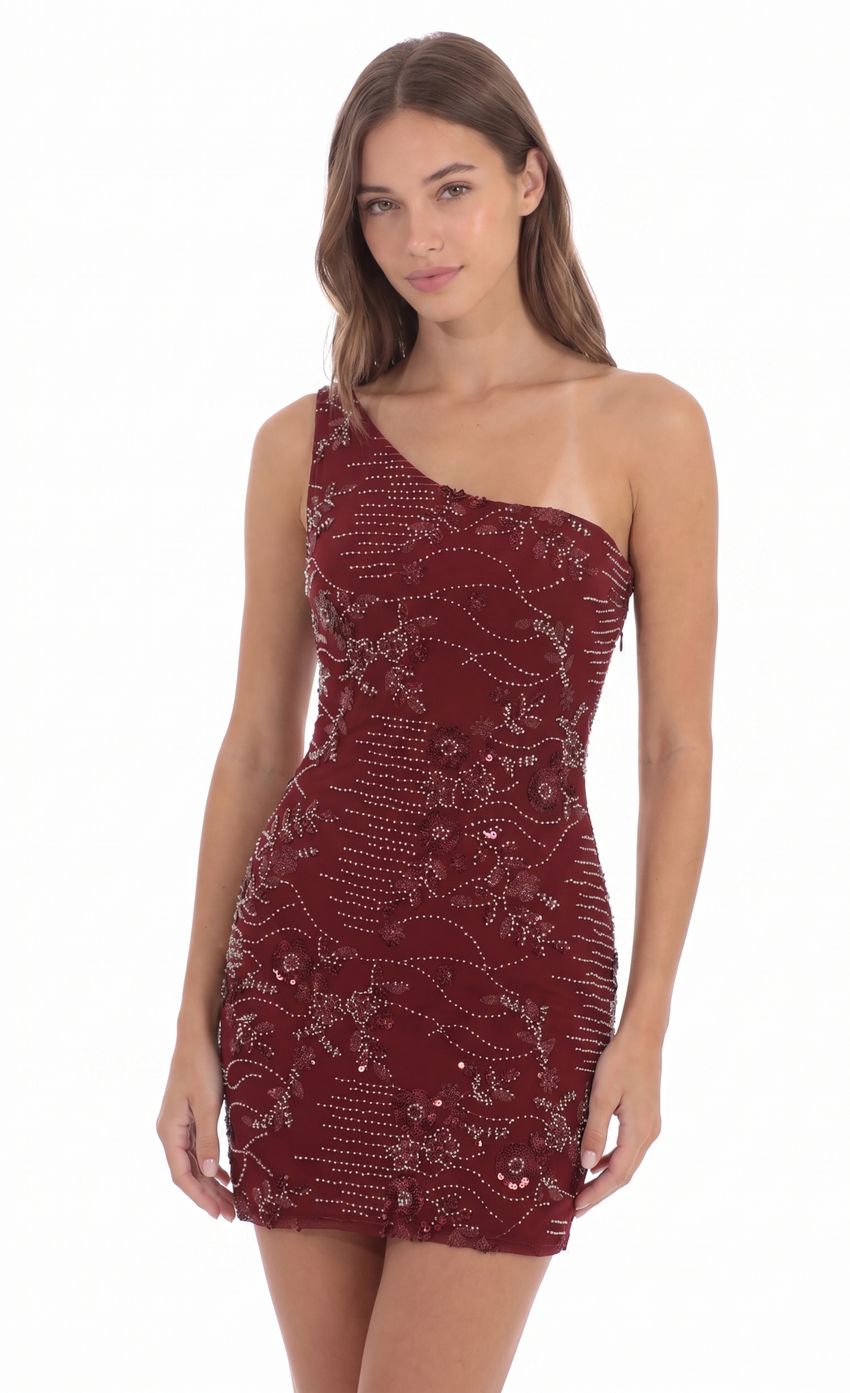 Product image for Floral One-Shoulder Mini Dress in Burgundy