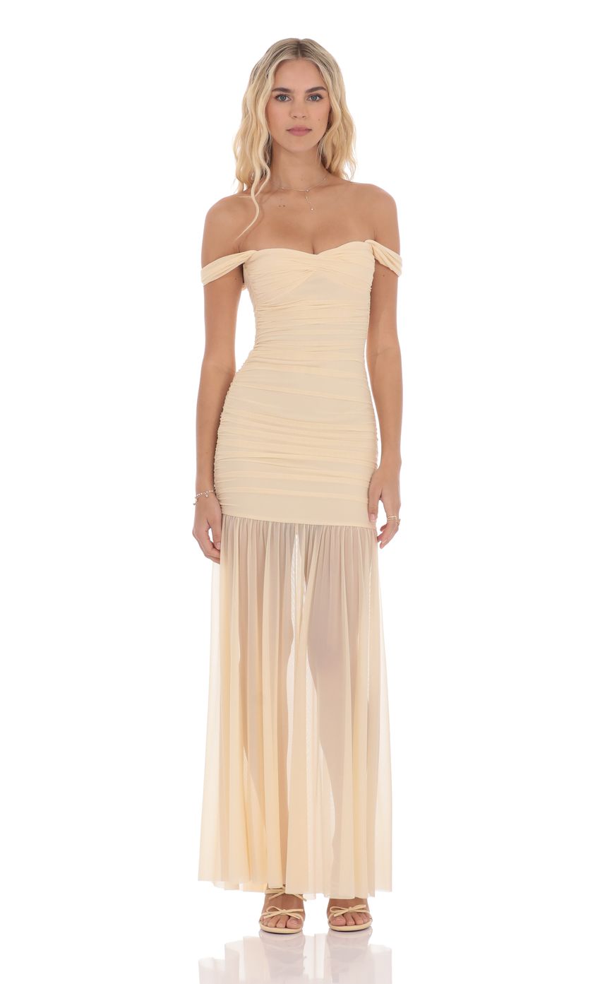 Picture Mesh Off Shoulder Ruched Maxi Dress in Beige. Source: https://media-img.lucyinthesky.com/data/product-media/850xAUTO/cae49431-73eb-4fcf-a8c5-7bb7c36efa57.jpg