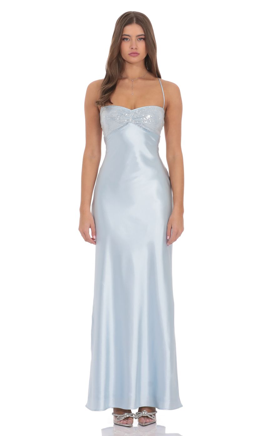 Product image for Sequin Bust Satin Maxi Dress in Light Blue