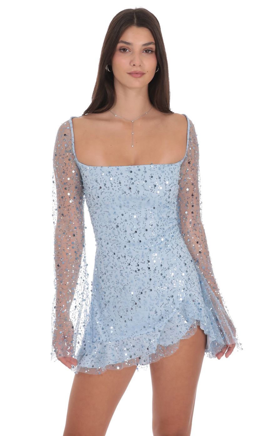 Product image for Sequin Flare Long Sleeve Dress in Light Blue