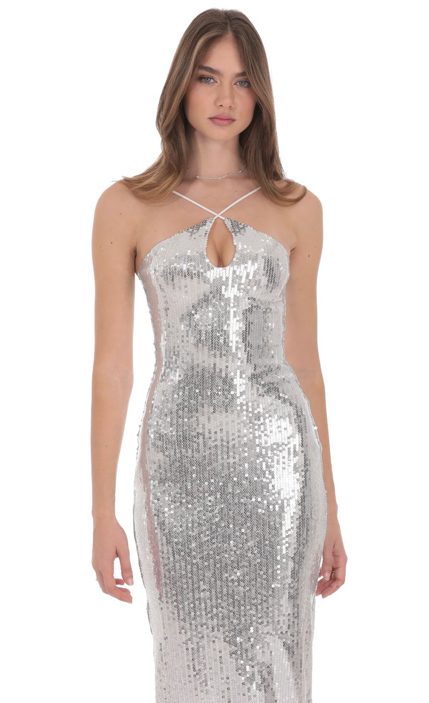 Product image for Sequin Keyhole Maxi Dress in Silver