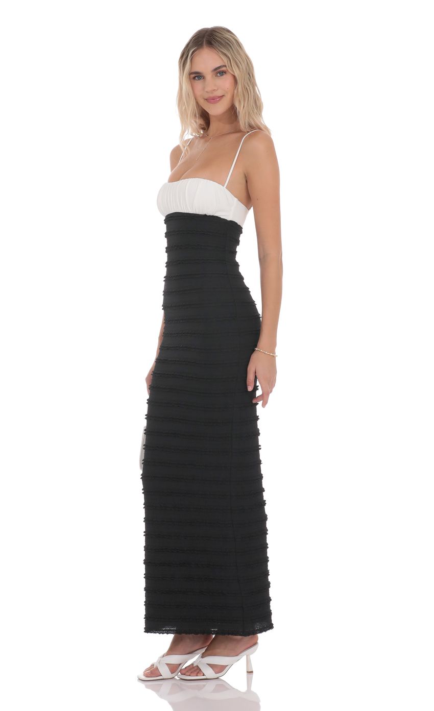 Picture Two-Toned Frill Maxi Dress in Black and White. Source: https://media-img.lucyinthesky.com/data/product-media/850xAUTO/cbd5b1bc-42a6-4410-9e73-fe666db49a49.jpg
