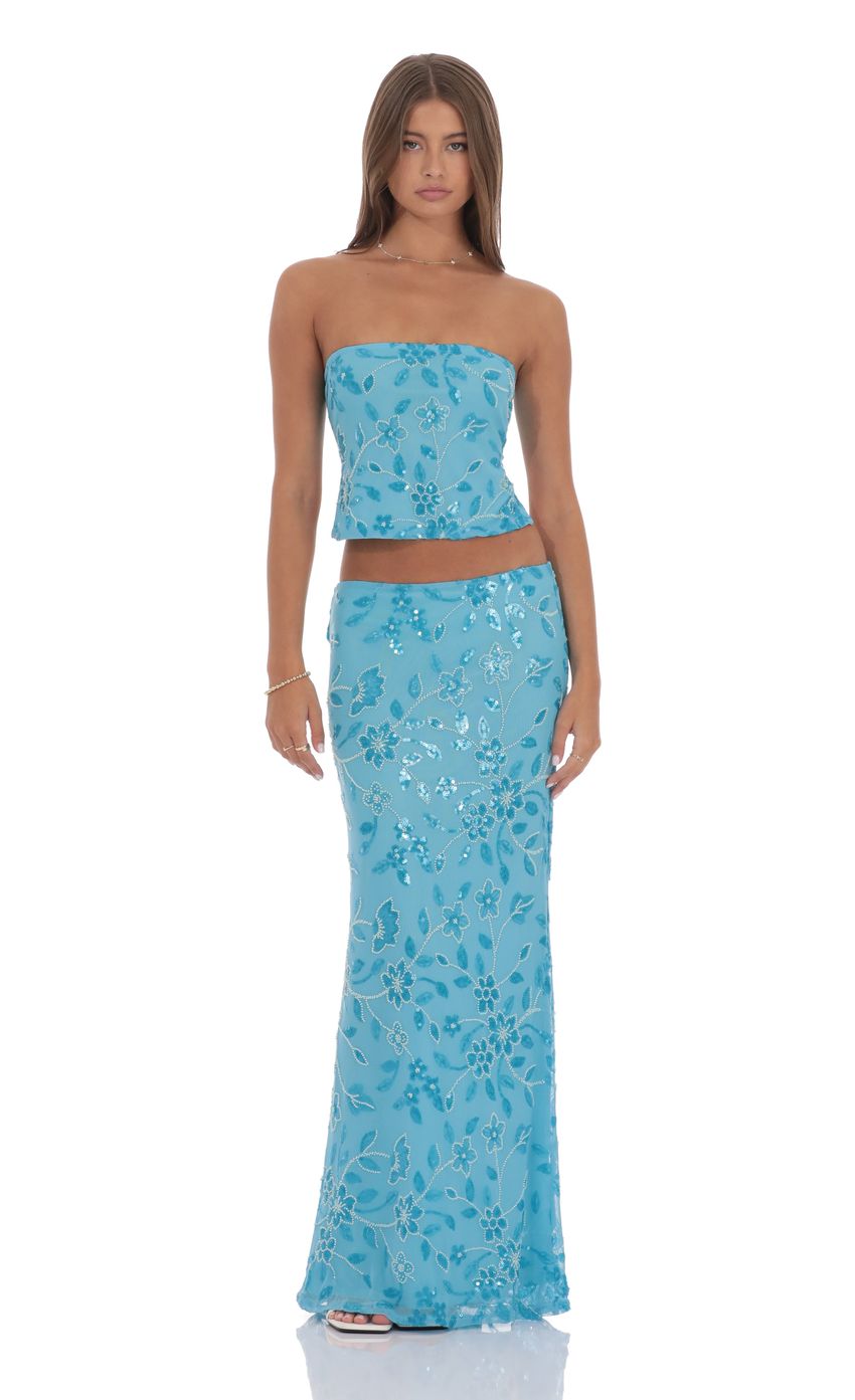 Product image for Sequin Beaded Floral Maxi Skirt in Aqua Blue