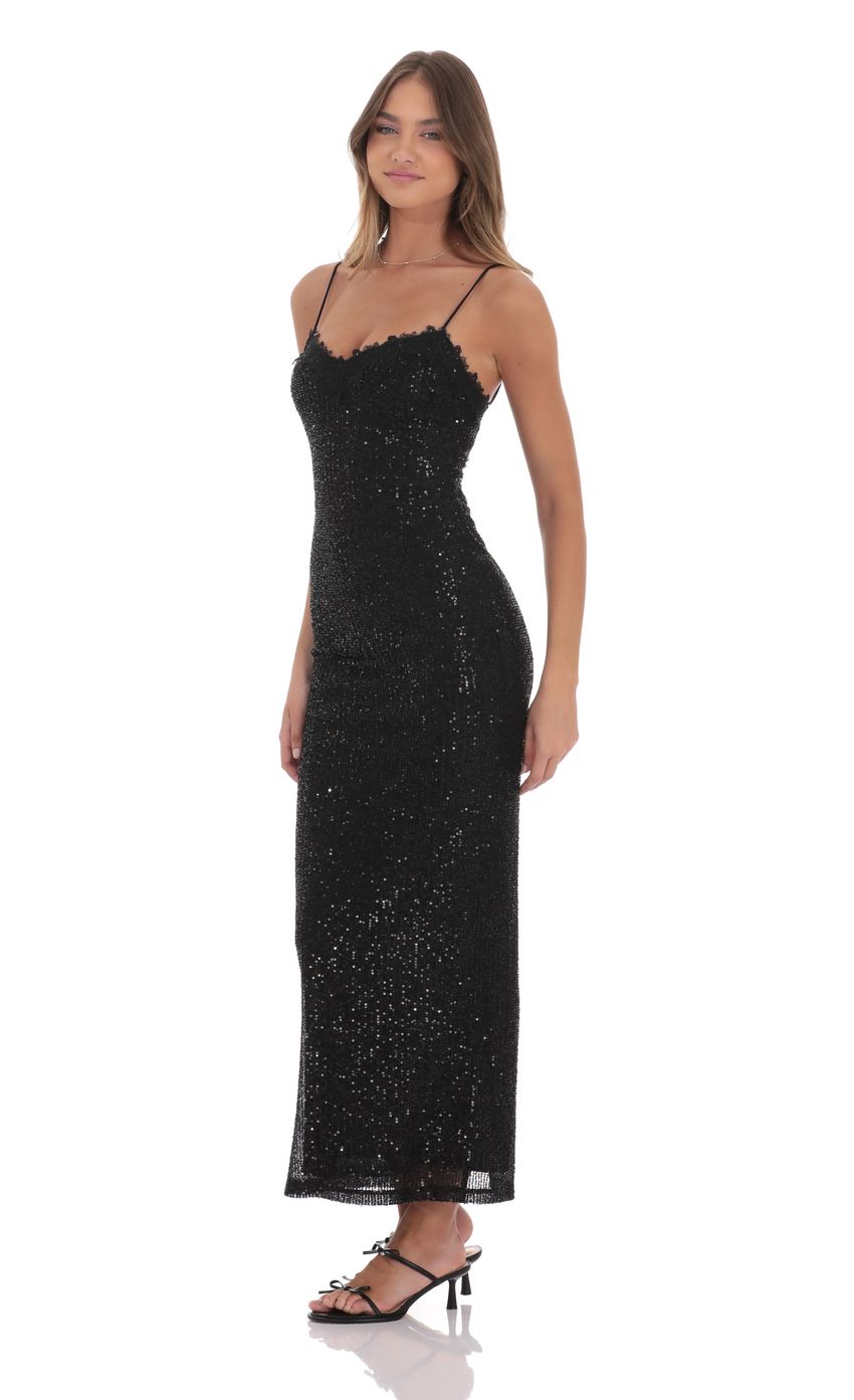 Picture Lace Trim Sequin Maxi Dress in Black. Source: https://media-img.lucyinthesky.com/data/product-media/850xAUTO/ccd2db4f-00e2-4a1e-bdc9-84c9e078d325.jpg