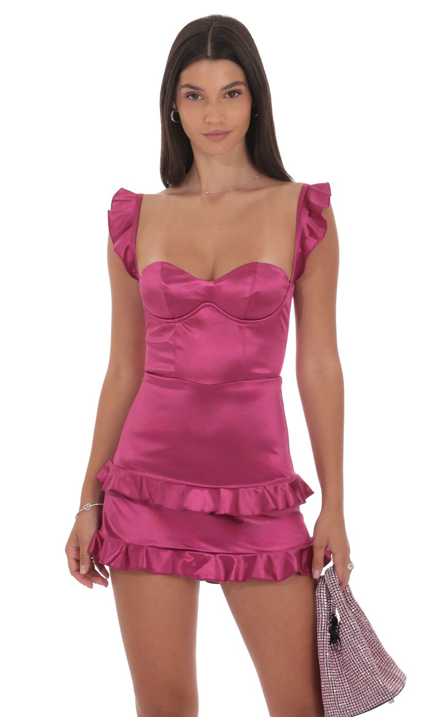 Product image for Satin Ruffle Bodycon Dress in Magenta