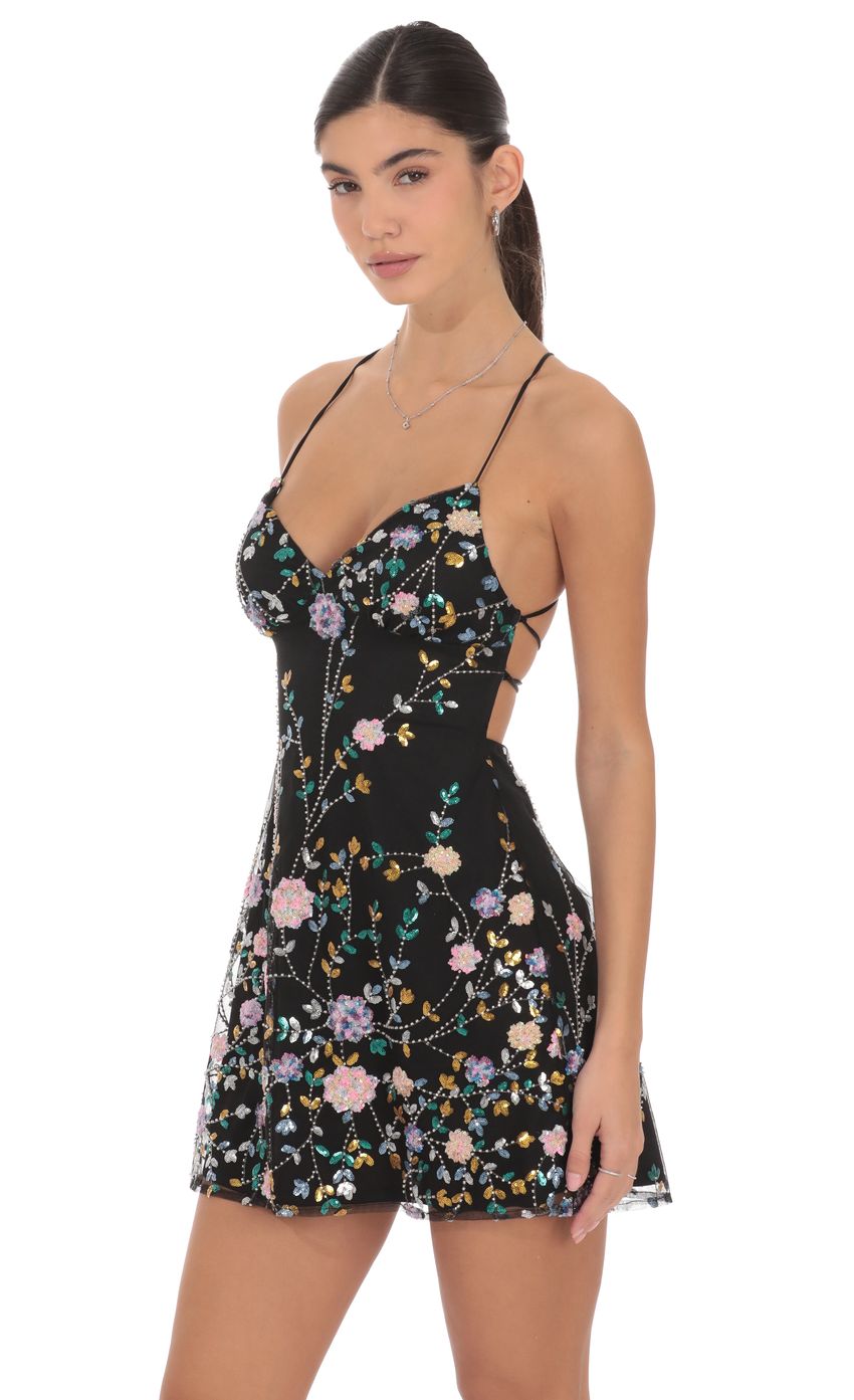 Product image for Floral Sequin Embroidered Open Back Dress in Black
