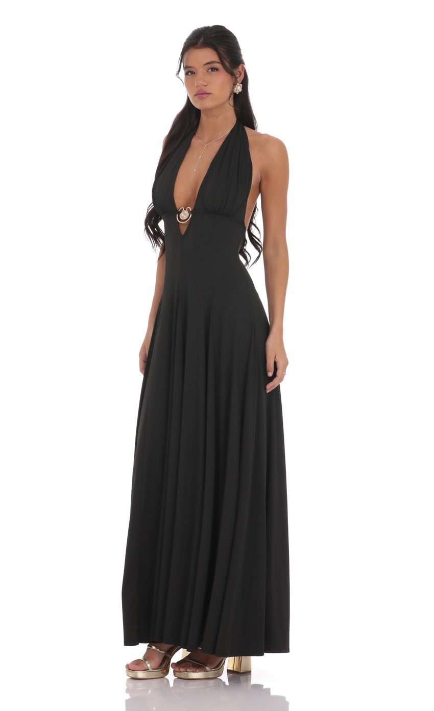 Product image for Shell Embellished Plunge Neck Maxi Dress in Black