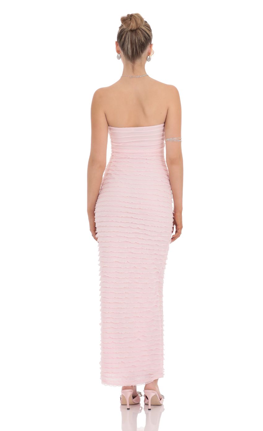 Picture Strapless Ruffle Maxi Dress in Pink. Source: https://media-img.lucyinthesky.com/data/product-media/850xAUTO/cf2b9693-452f-4e65-9273-18e59aa5458b.jpg