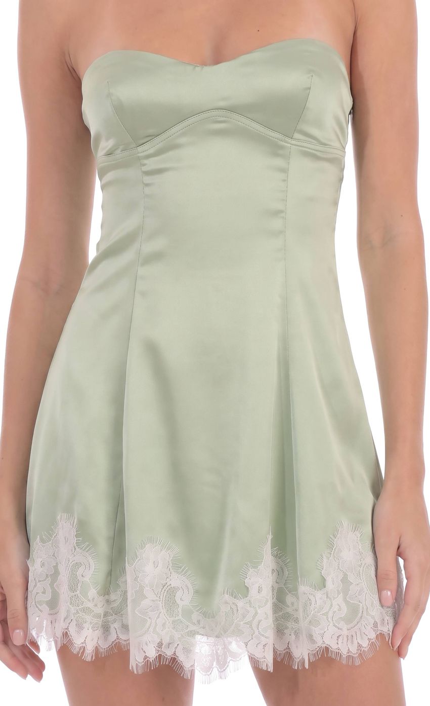Product image for Contrast Lace Strapless Mini Satin Dress in Mint Green