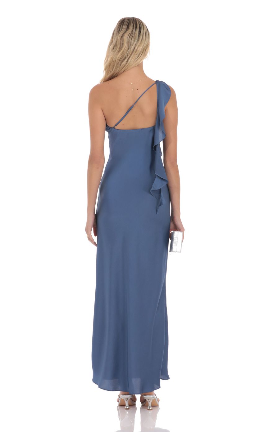 Picture Satin One Shoulder Tassel Maxi Dress in Denim Blue. Source: https://media-img.lucyinthesky.com/data/product-media/850xAUTO/d0894ccf-84be-4725-a4b2-130194ef18b9.jpg