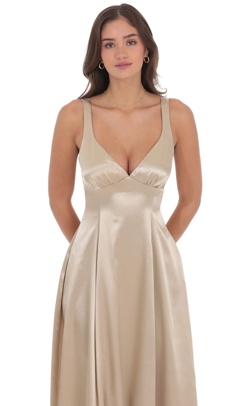 Product image for Satin V-Neck Fit and Flare Maxi Dress in Gold