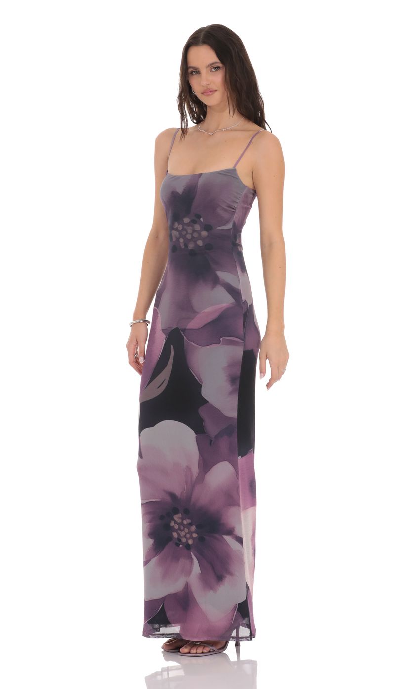 Picture Floral Mesh Bodycon Maxi Dress in Purple. Source: https://media-img.lucyinthesky.com/data/product-media/850xAUTO/d2af52e1-e1a6-4bb4-ba45-26b325a6c8be.jpg