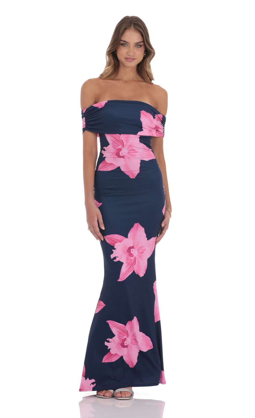 Picture Off Shoulder Pink Floral Maxi Dress in Navy. Source: https://media-img.lucyinthesky.com/data/product-media/850xAUTO/d38d32eb-8aec-4d7a-95db-0dfa7030a33f.jpg
