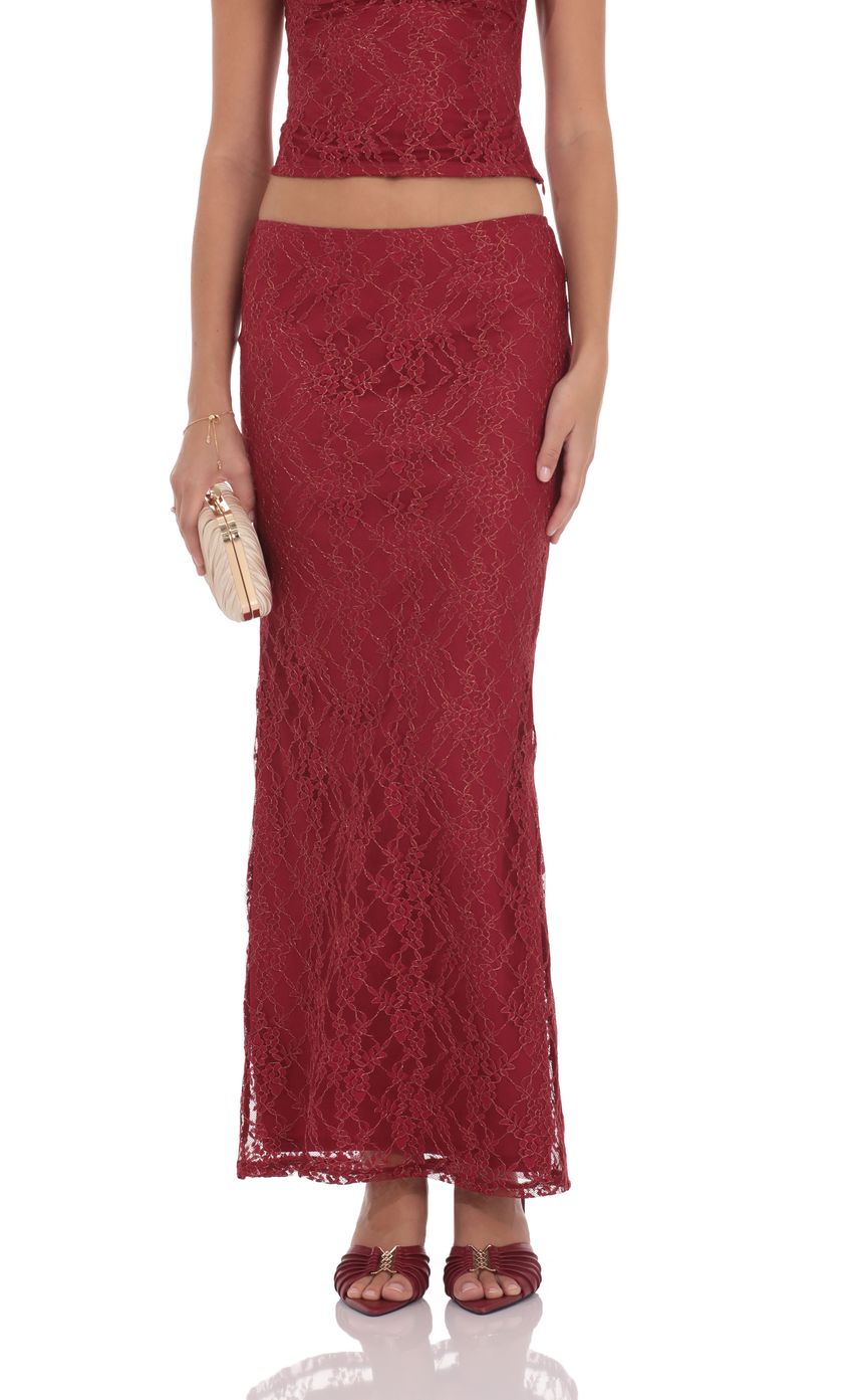 Product image for Gold Thread Lace Maxi Skirt in Burgundy