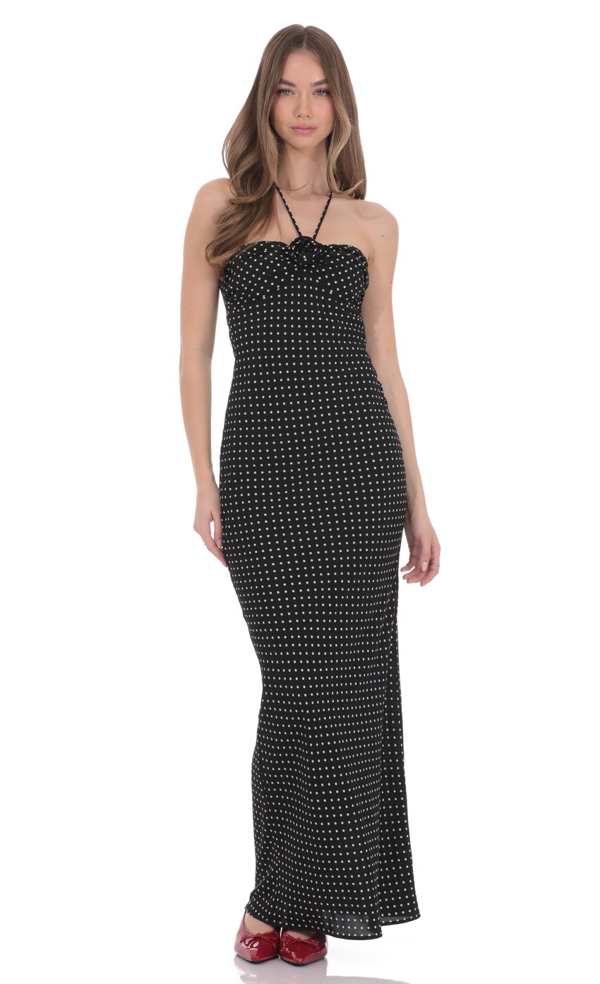 Product image for Polka Dot Florette Halter Maxi Dress in Black