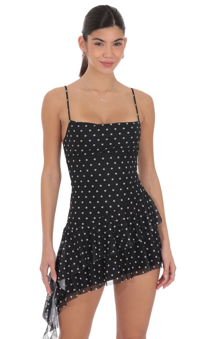 Product image for Polka Dot Mesh Tassel Dress in Black