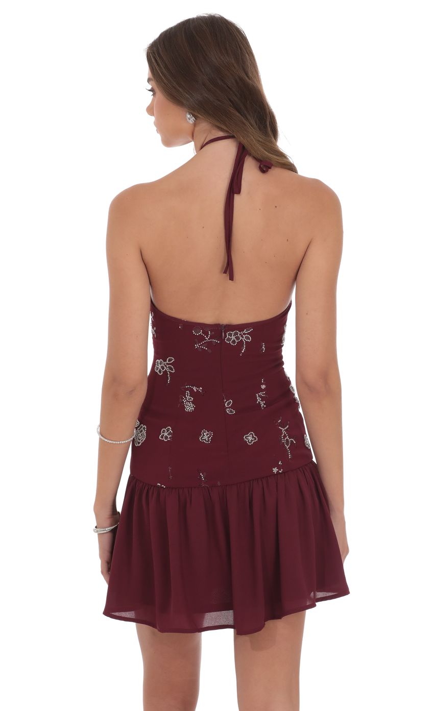 Product image for Floral Beaded Halter Dress in Burgundy