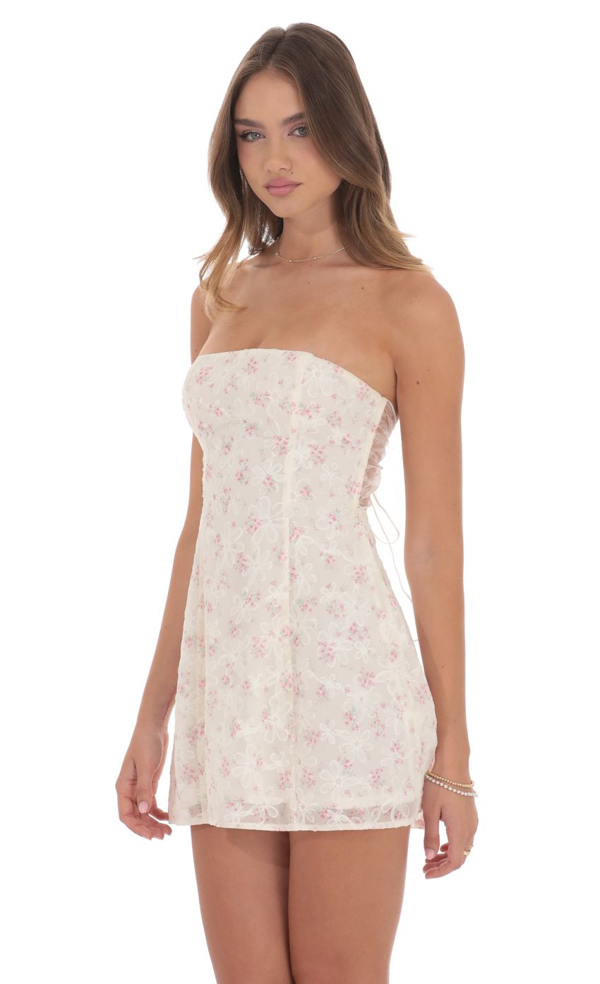 Picture Floral Strapless Fit and Flare Dress in Ivory. Source: https://media-img.lucyinthesky.com/data/product-media/850xAUTO/d4eaa278-c857-460c-9331-49650665937b.jpg
