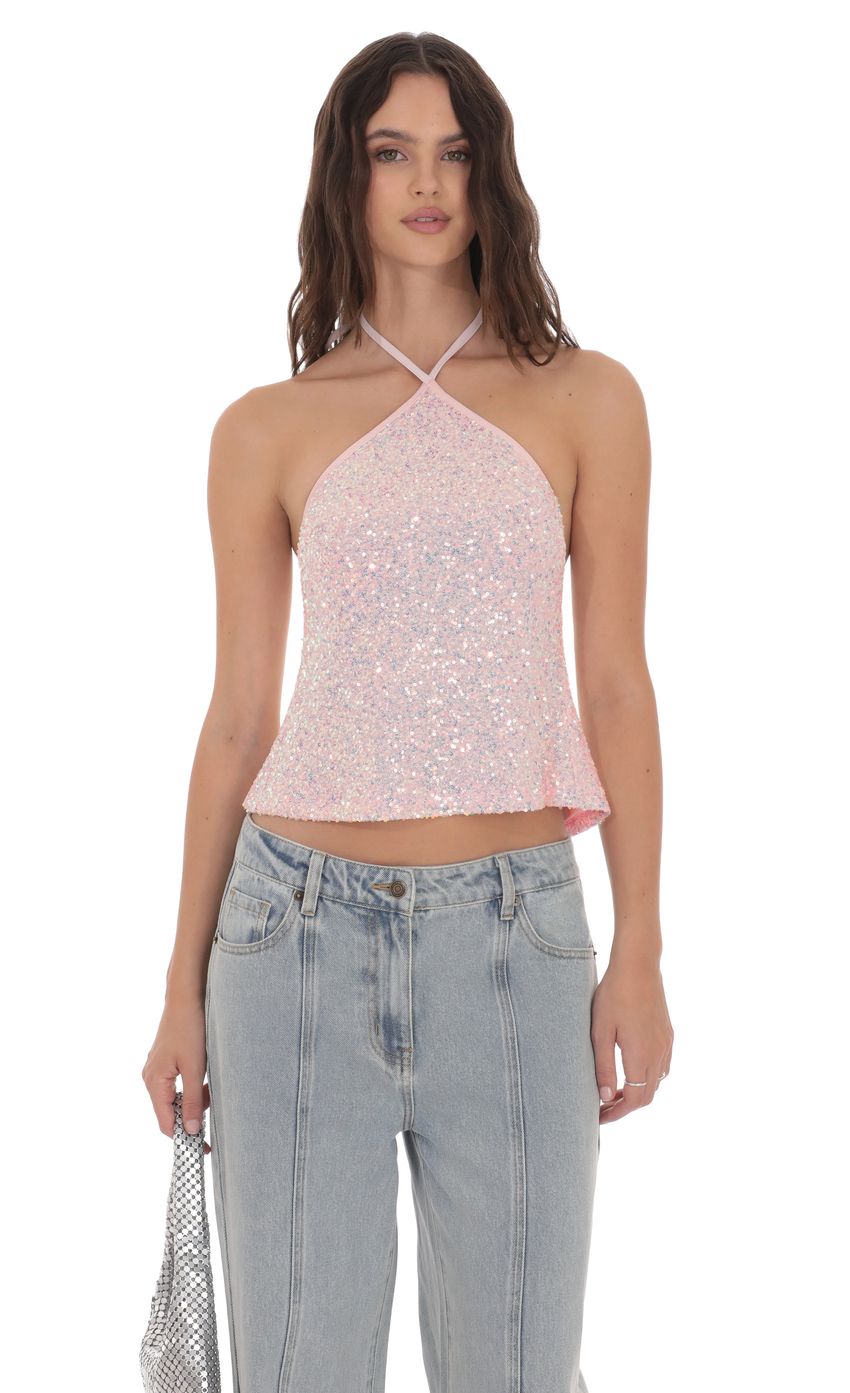 Product image for Sequin Halter Top in Pink