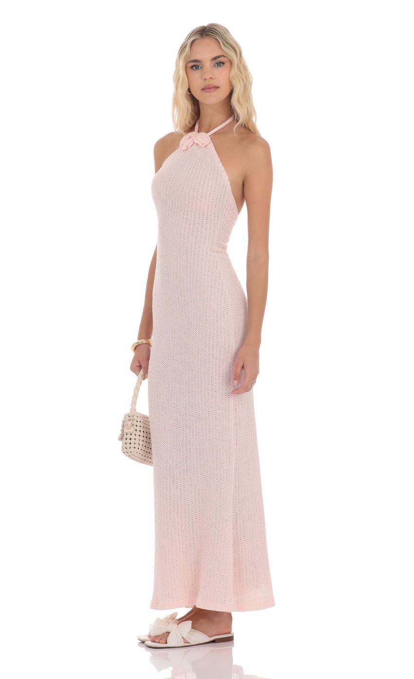 Picture Crochet Halter Maxi Dress in Pink. Source: https://media-img.lucyinthesky.com/data/product-media/850xAUTO/d6583ab7-8a47-4d6e-9ce3-adffa7ddb5d2.jpg