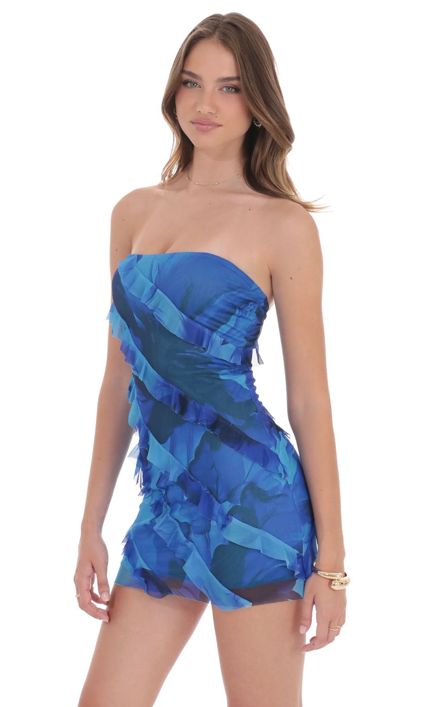 Picture Mesh Floral Strapless Ruffle Dress in Royal Blue. Source: https://media-img.lucyinthesky.com/data/product-media/850xAUTO/d7576c08-db7c-42c2-be9f-0799be88964a.jpg
