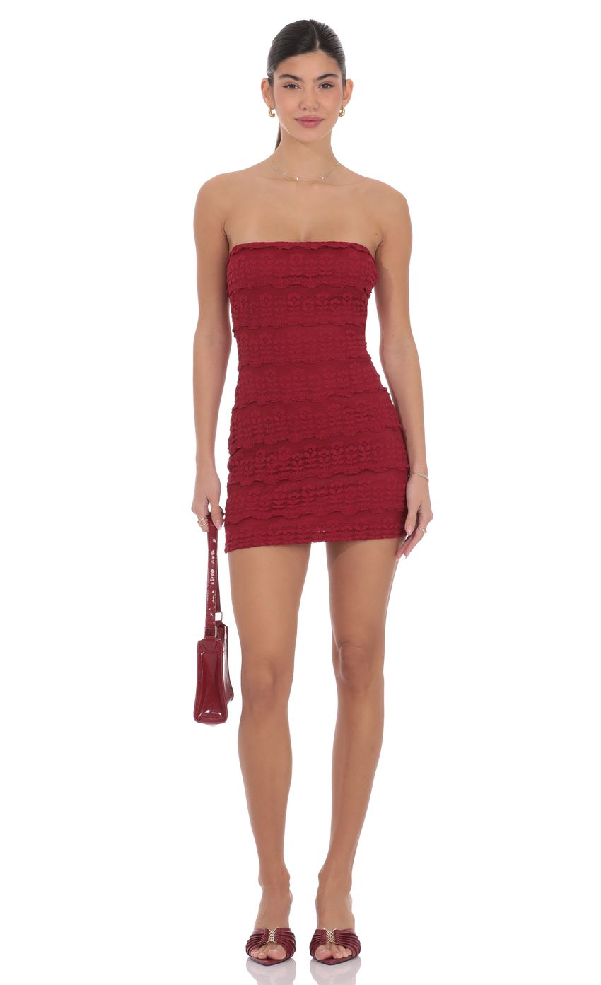 Product image for Strapless Ruffle Lace Dress in Red