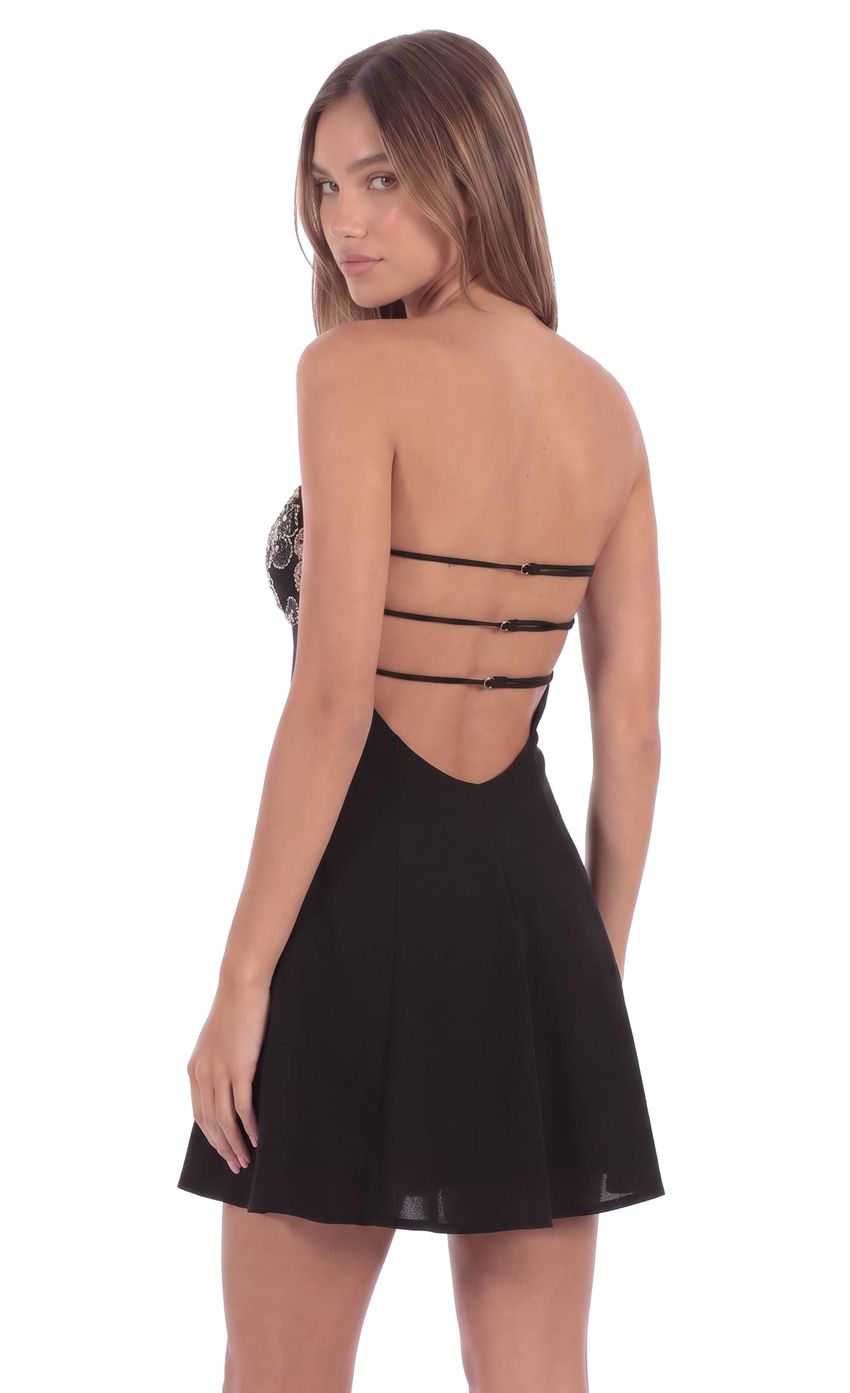 Product image for Beaded Bust Flare Mini Dress in Black and Gold