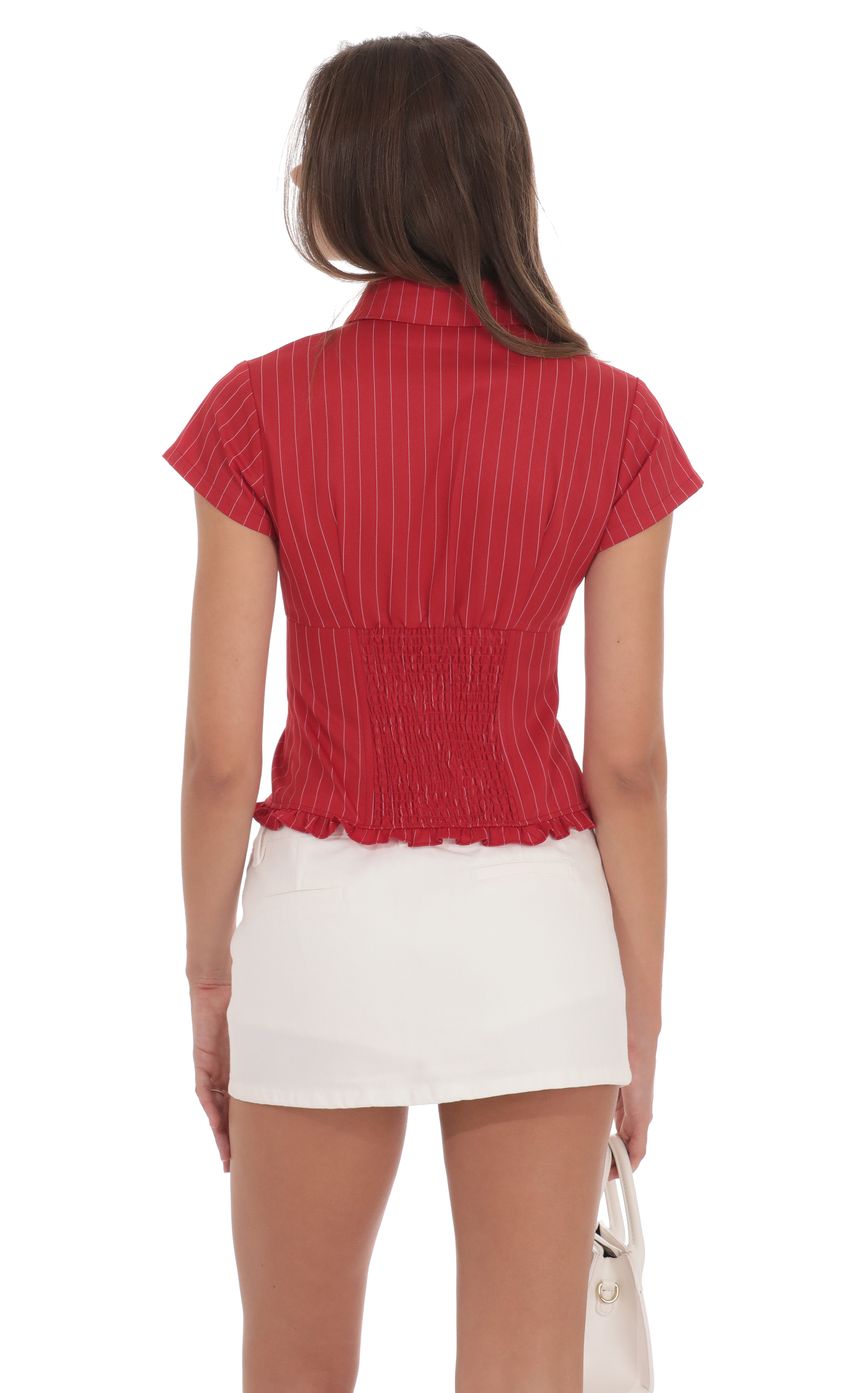 Product image for PinStripe Button-Up Ruffle Top in Red