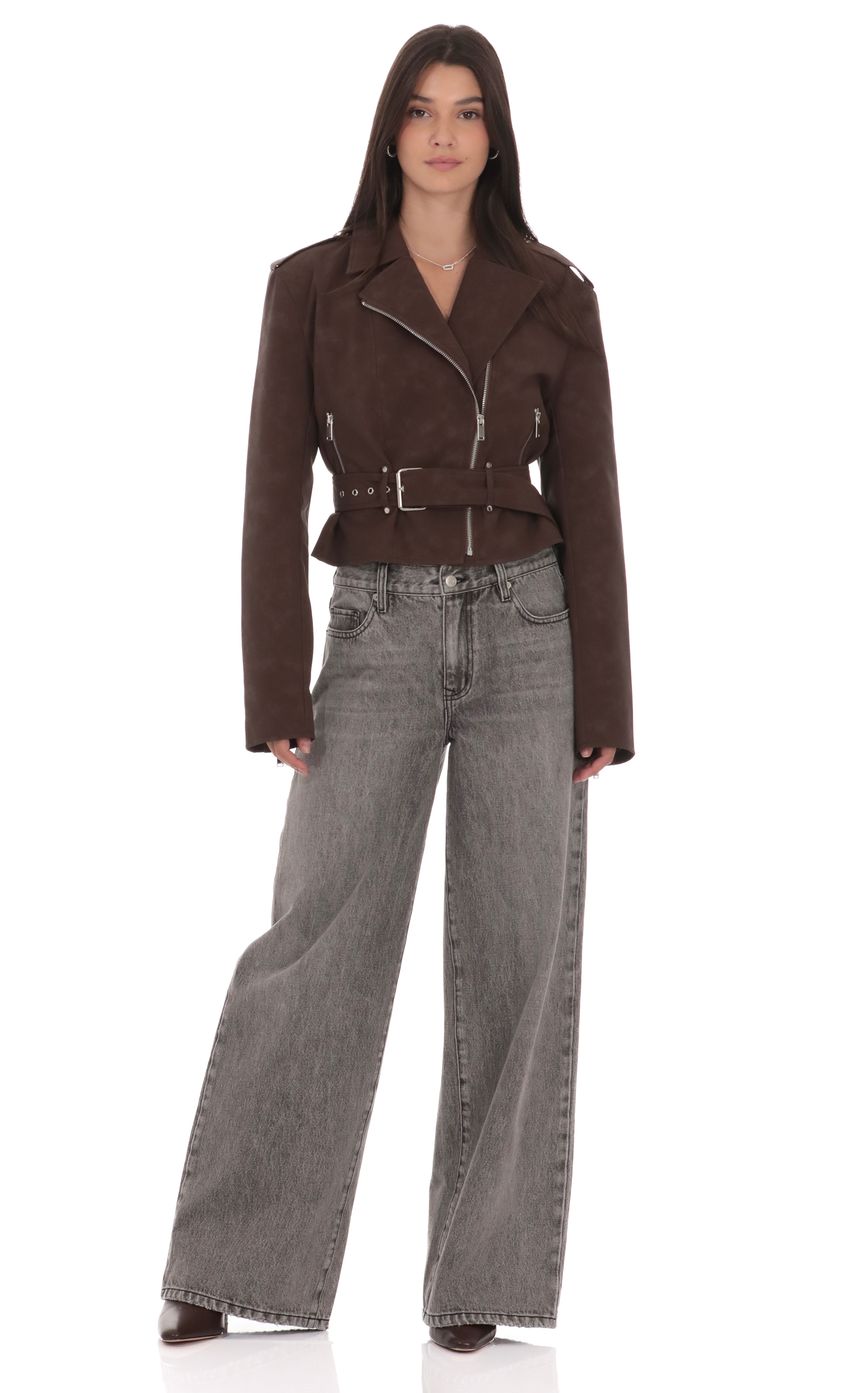 Product image for Faux Leather Cropped Moto Jacket in Brown