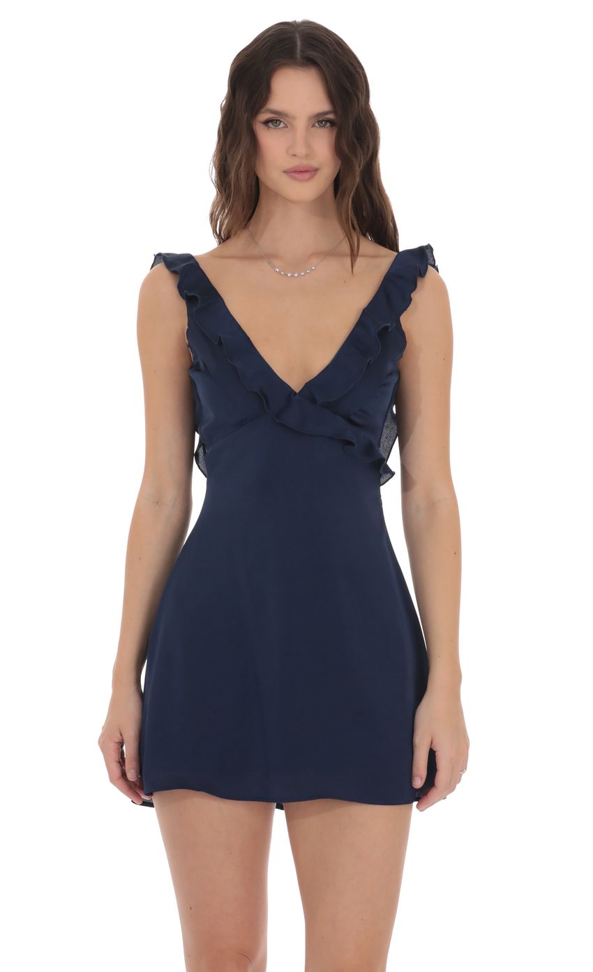 Product image for Satin Ruffle V-Neck Dress in Navy