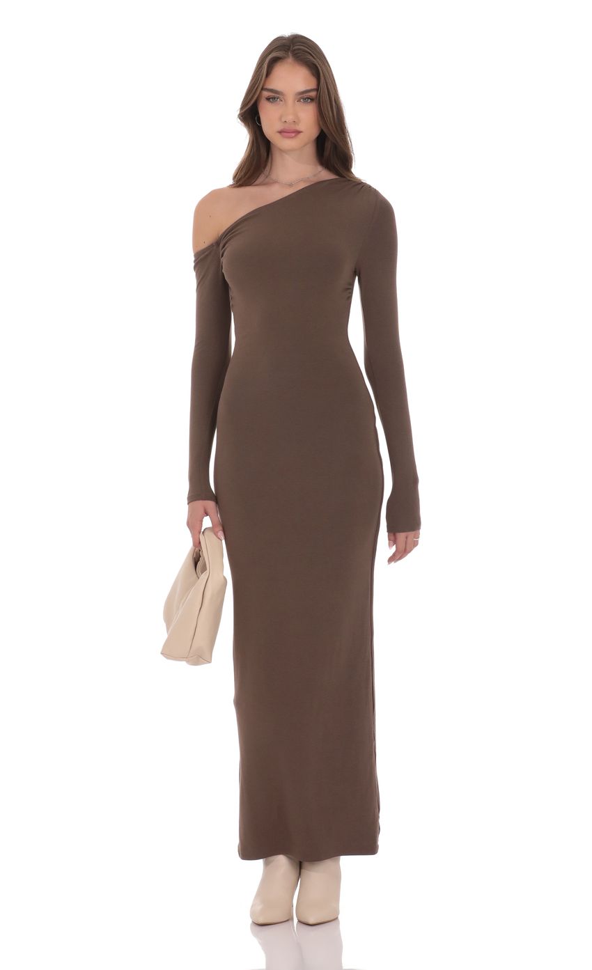 Product image for Off Shoulder Long Sleeve Maxi Dress in Brown