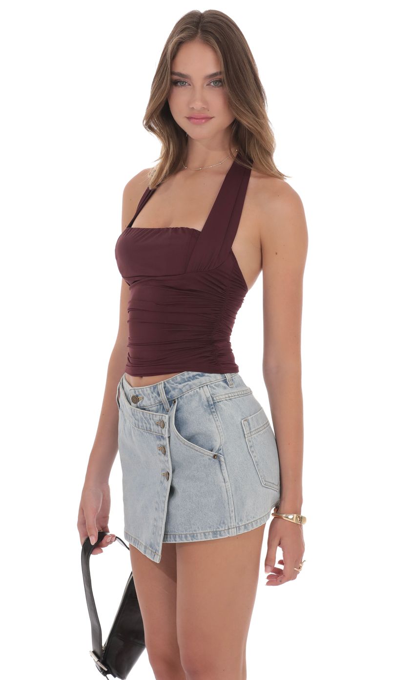 Picture Halter Ruched Top in Burgundy. Source: https://media-img.lucyinthesky.com/data/product-media/850xAUTO/da099647-23c3-4938-a821-e847fbafb85e.jpg