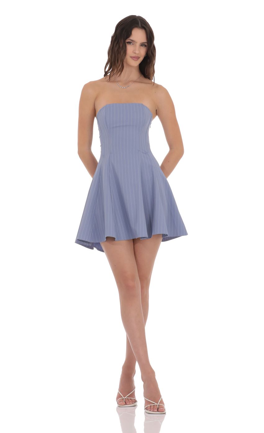 Product image for Pinstripe Corset Strapless Dress in Denim Blue